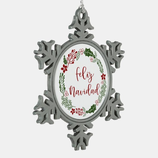 Feliz Navidad, spanischer Heiligabend Schneeflocken Zinn-Ornament (Links)