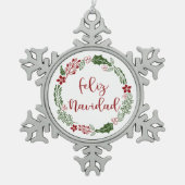Feliz Navidad, spanischer Heiligabend Schneeflocken Zinn-Ornament (Vorderseite)