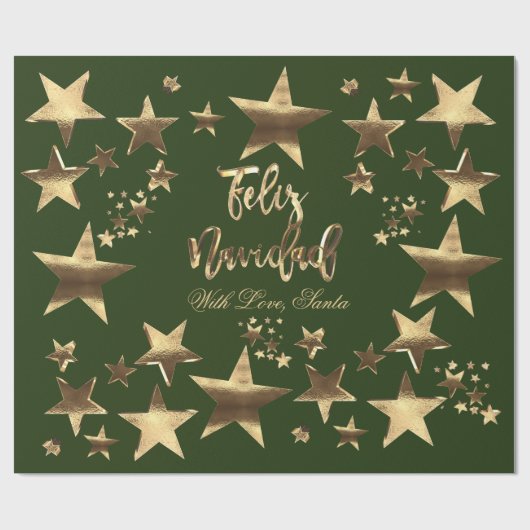 Feliz Navidad Stars Green Gold Script Geschenkpapier (Flach)