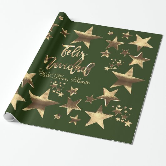 Feliz Navidad Stars Green Gold Script Geschenkpapier (Ungerollt)