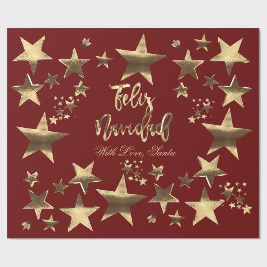 Feliz Navidad Stars Rotes Gold-Script Geschenkpapier (Flach)