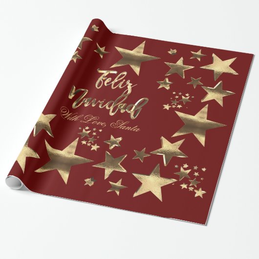 Feliz Navidad Stars Rotes Gold-Script Geschenkpapier (Ungerollt)