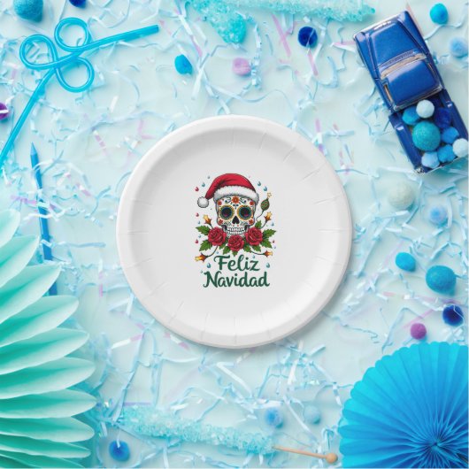 Feliz Navidad Sugar Skull Mexican Christmas T-Shir Pappteller (Party)