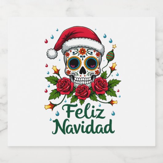 Feliz Navidad Sugar Skull Mexican Christmas T-Shir Schaumweinetikett (Einzelnes Label)