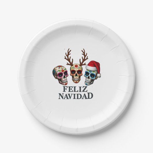 Feliz Navidad Sugar Skulls Reindeer Santa Mexican  Pappteller (Vorderseite)