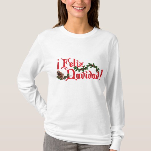 Feliz Navidad Textdesign mit Pine Cones T-Shirt (Vorderseite)