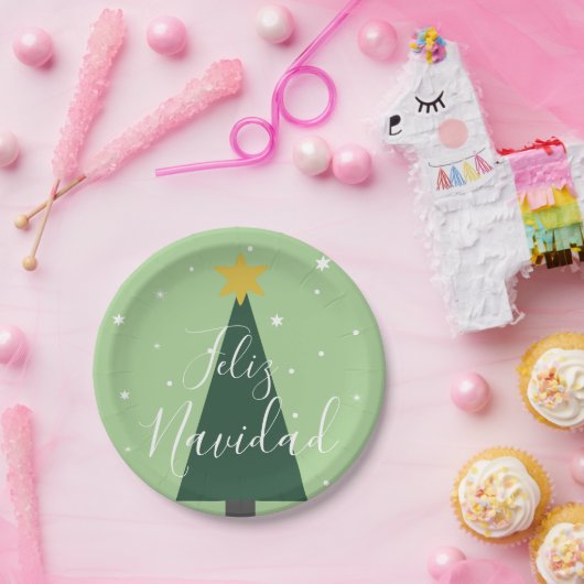 Feliz Navidad Urlaub grüner Baumschnee und Sterne  Pappteller (Party)