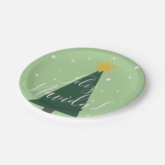 Feliz Navidad Urlaub grüner Baumschnee und Sterne Pappteller (Schrägansicht)