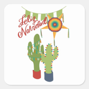 Feliz Navidad Urlaubskarte mit dekorierten Kakteen Quadratischer Aufkleber