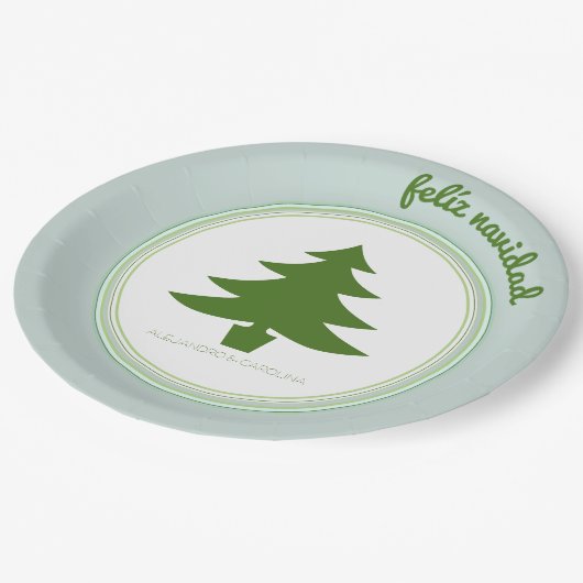 Feliz Navidad: Weihnachtsbaum: Personalisiert Pappteller (Schrägansicht)