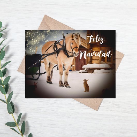 Feliz Navidad Weihnachtsfarm mit Pferd Feiertagspostkarte