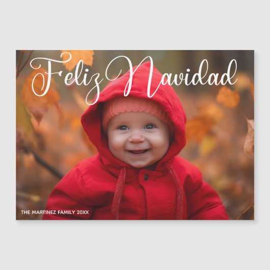 Feliz Navidad White Script Christmas Magnet Card (Vorderseite)