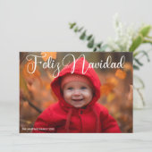 Feliz Navidad White Script Foto Feiertagskarte (Stehend Vorderseite)