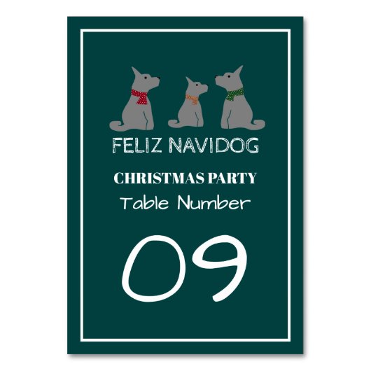 Feliz Navidog, spanischer Weihnachtstisch Nr. Tischnummer (Rückseite)