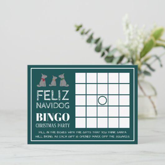 Feliz Navidog, Spanisches Weihnachtsbingo Party Einladung (Stehend Vorderseite)