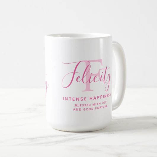 Felizitätsname bedeutet rosa Monogramm-Text Kaffeetasse (VorderseiteRechts)