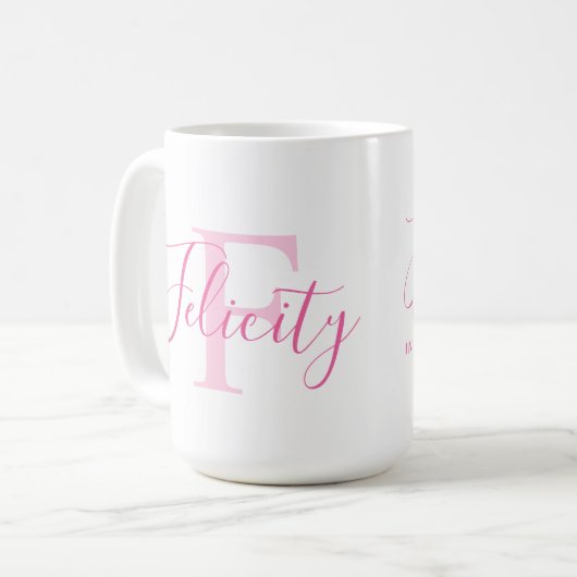 Felizitätsname bedeutet rosa Monogramm-Text Kaffeetasse (Vorderseite Links)