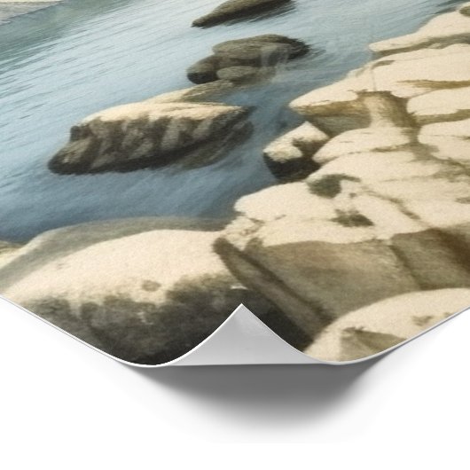 Felsbucht in einem See in den Hügeln Poster (Ecke)