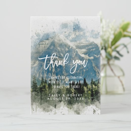 Felsgebirge Wald rustikale Hochzeit Dankeskarte (Stehend Vorderseite)