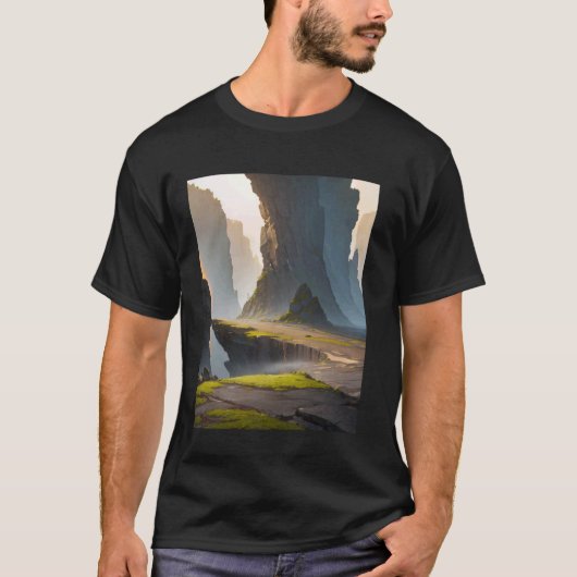 Felsige Gegend Klippe Moos Nebel Schatten Tal T-Shirt (Vorderseite)