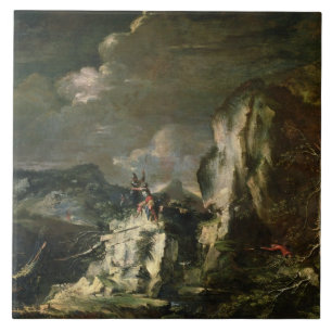 Felsige Landschaft mit einem Jäger und Kriegern Fliese