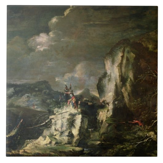 Felsige Landschaft mit einem Jäger und Kriegern Fliese (Vorderseite)