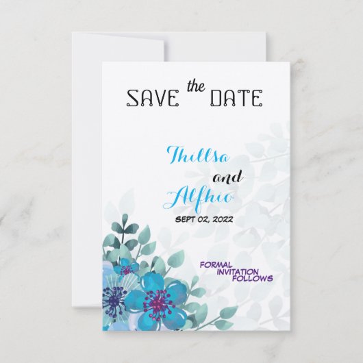 Felt Ecru Paper Blue Floral Blume Save the Date (Vorderseite)