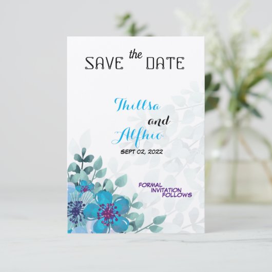 Felt Ecru Paper Blue Floral Blume Save the Date (Stehend Vorderseite)