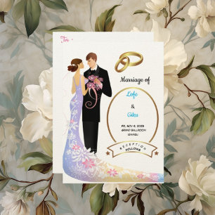 Felt Ecru Paper Couple and Rings Wedding Einladung