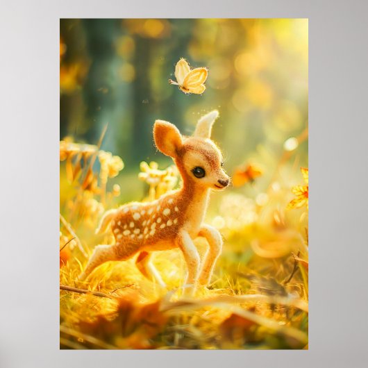 Felt Fawn in Sunny Clearing mit Schmetterling Poster (Vorne)