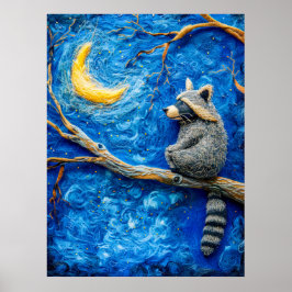 Felt Raccoon an einer Zweigstelle unter Vollmond Poster