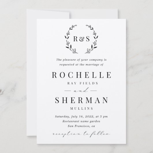 Felt White Premium Rustic Leaf Monogram Wedding Einladung (Vorderseite)