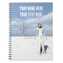 Female elf walking in the snow. Customizable text