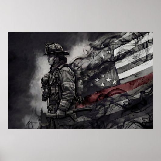 Female Firefighter Red Line American Flag Tribute Poster (Vorne)