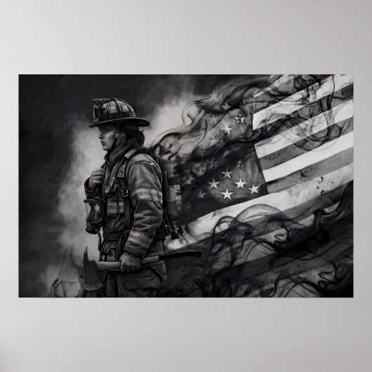 Female Firefighter Smoke American Flag Tribute Poster (Vorne)