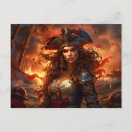 Female Pirate Before Burning Ship Fantasy Painting Postkarte