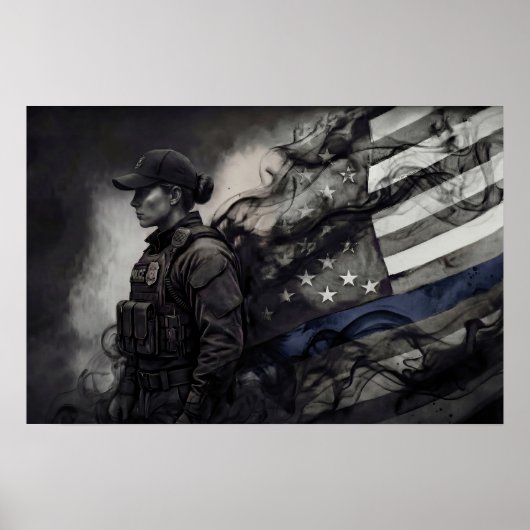 Female Police Tribute Blue Line American Flag LEO Poster (Vorne)