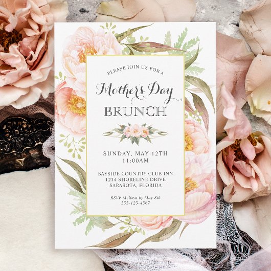 Feminal Pink Peonies Mothers Day Brunch Einladung