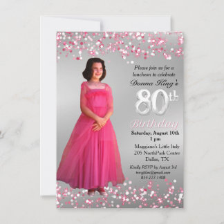 Feminine 80. Geburtstag Pink Funkelnd 2 Foto Einladung