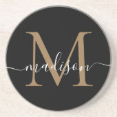 Feminine Black Gold Monogram Script Elegant Modern Getränkeuntersetzer (Vorne)