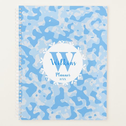 Feminine Blue Camouflage Monogram Design Planer (Vorderseite)