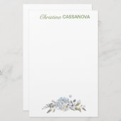 Feminine Blue Floral Watercolor Personalisiert Briefpapier (Vorne/Hinten)