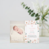 Feminine Blume Taufe Foto Danke Karte (Stehend Vorderseite)