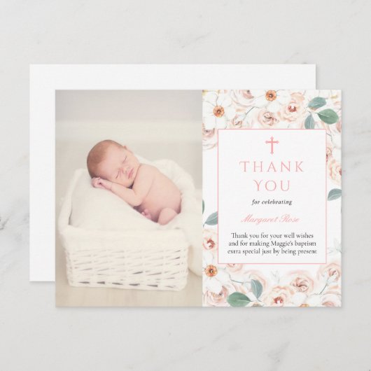 Feminine Blume Taufe Foto Danke Karte (Vorne/Hinten)