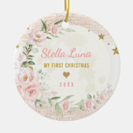 Feminine Blush Gold Moon Stars Baby 1. Weihnachten Keramik Ornament