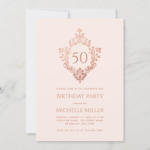 Feminine Blush Pink Rose Gold Wappen 50. Geburtsta Einladung