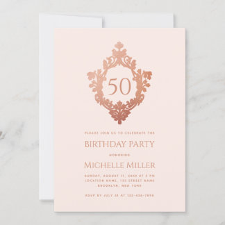 Feminine Blush Pink Rose Gold Wappen 50. Geburtsta Einladung