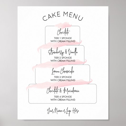 Feminine Blush Pink Script Cake Flavor Menü Poster (Vorne)