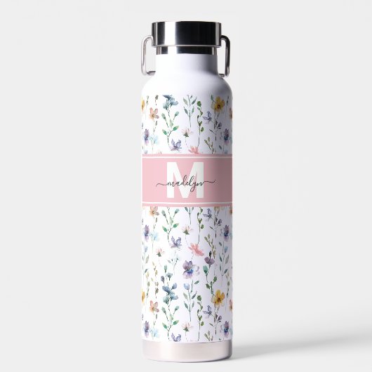 Feminine Boho Botanical Script Monogram Trinkflasche (Vorne)
