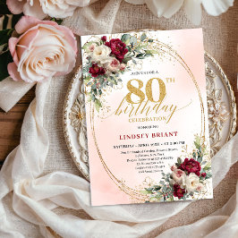 Feminine Boho Floral Burgundy 80th Birthday Invite Einladung